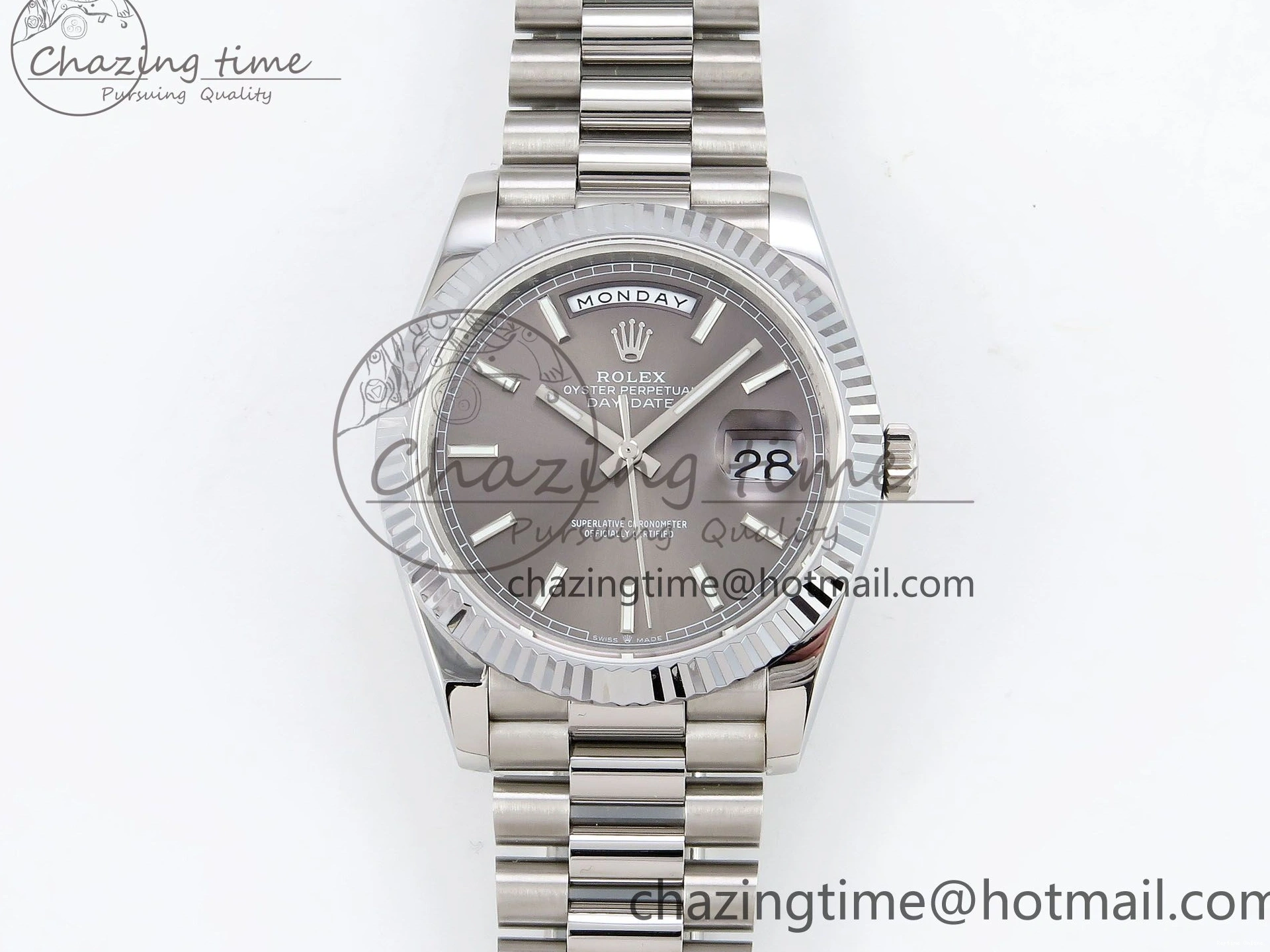 0516 FreshLook DayDate 40 SS JDF 904L Steel Gray Stick Dial on President Bracelet VR3255 V3 (Gain Weight) 1446